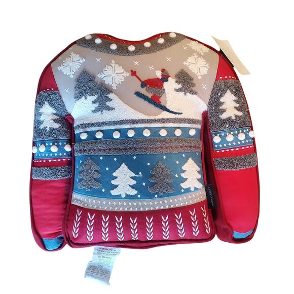 Cynthia Rowley Sweater Shaped Ski Theme Throw Pillow Red Ski House Winter - Picture 1 of 4